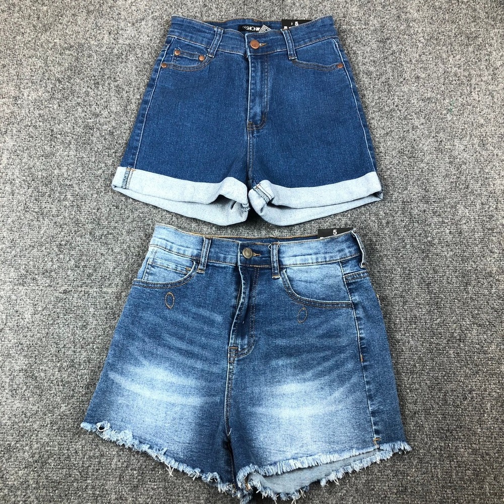 Fashion Nova Denim Shorts 2x Bundle Size 5 High Rise Cuffed Frayed Hem Blue NEW